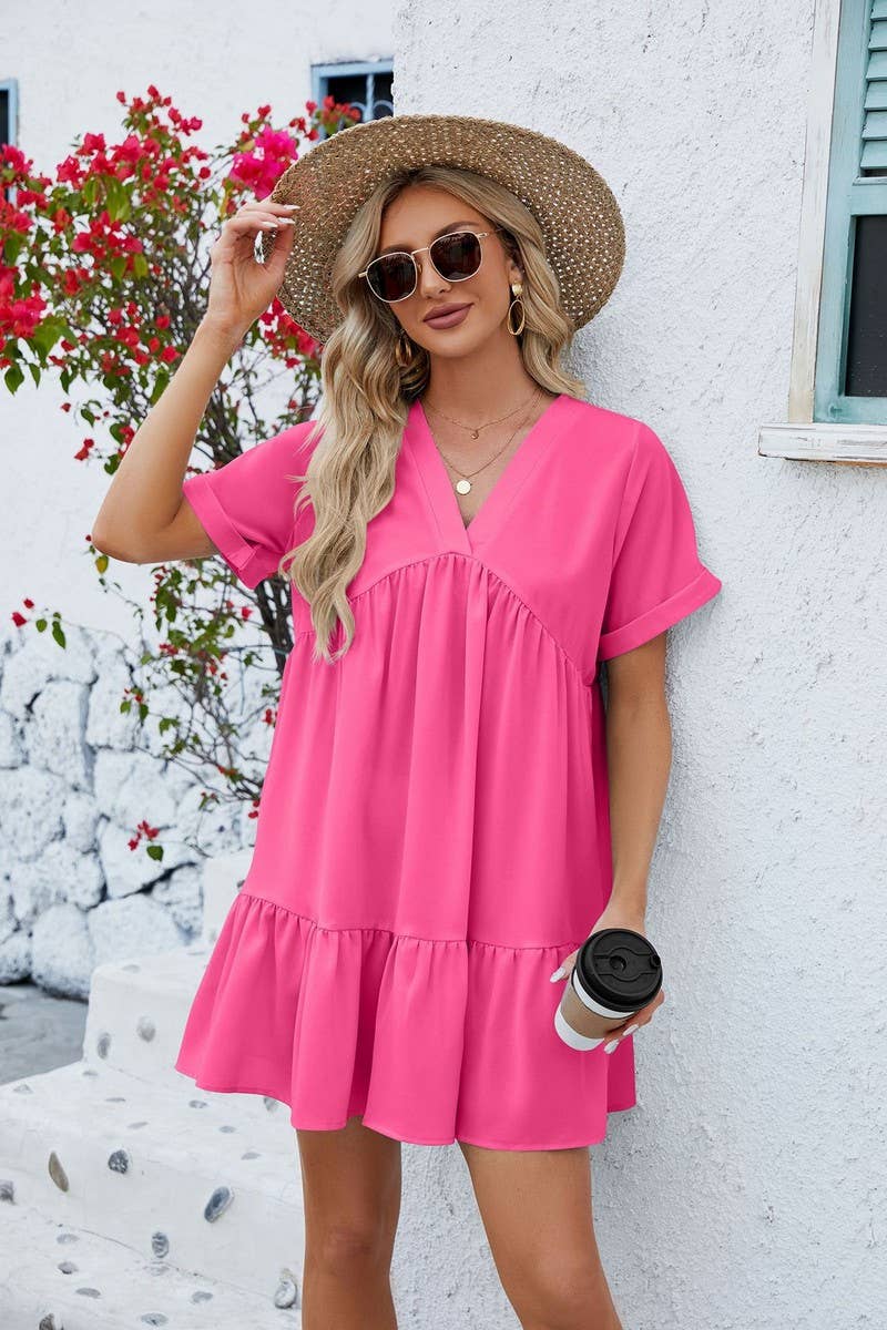 V Neck Solid Color Short Sleeve Pleated Dress_Cwdsd2696