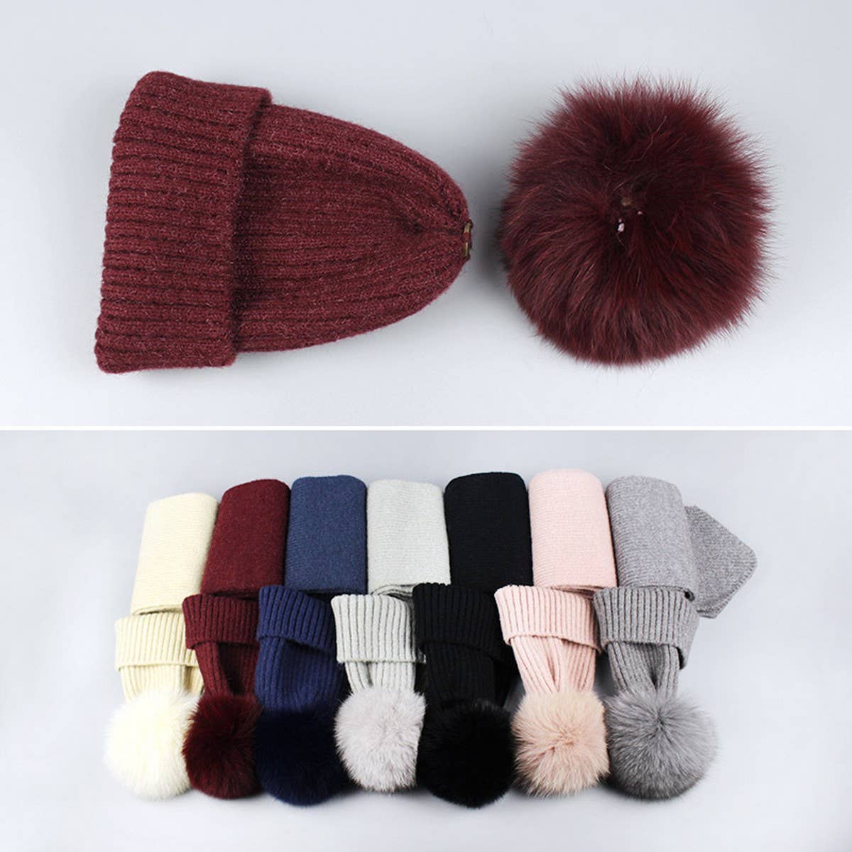 Winter Knit Beanie Hat With Fox Fur Pom For Women_Cwah05043
