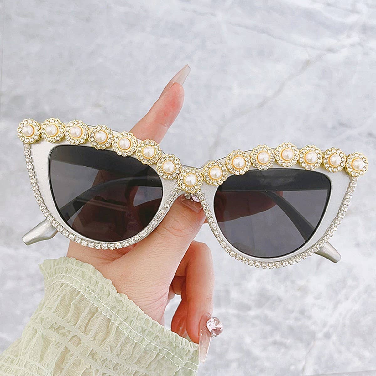 HANDMADE RHINESTONE PEARL RETRO CAT EYE SUNGLASSES_CWASG0268