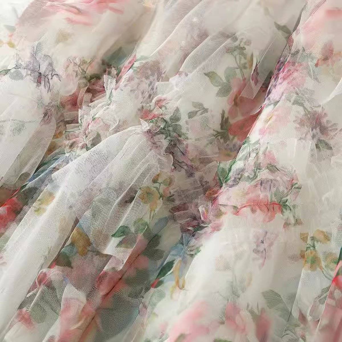 COLORFUL FLORAL MESH PANELED TIERED SKIRT_CWBMS0371