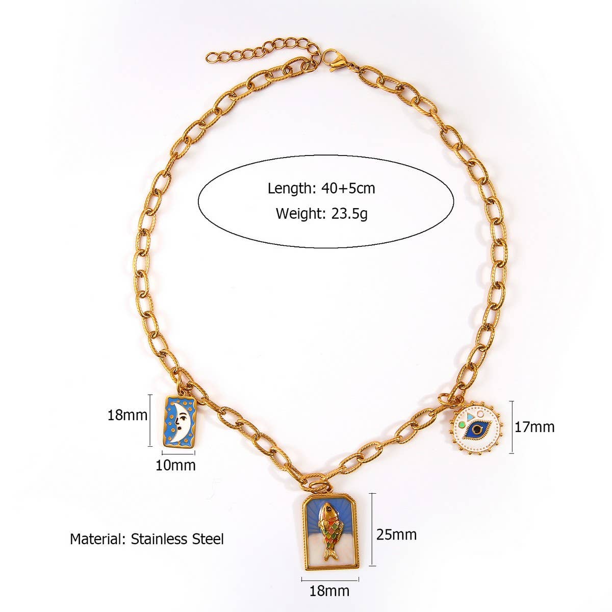 18K STEEL FATIMA HAND NECKLACE WITH FISH EYE_CWMM8859