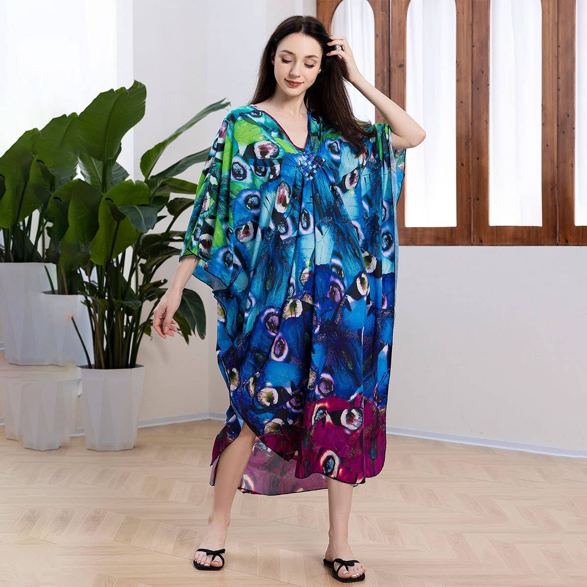 PEACOCK PRINT BEACH COVER UP MAXI KAFTAN_CWMM6204