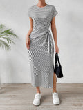 Striped Slim-Fit Waist Slimming Round Neck Dress