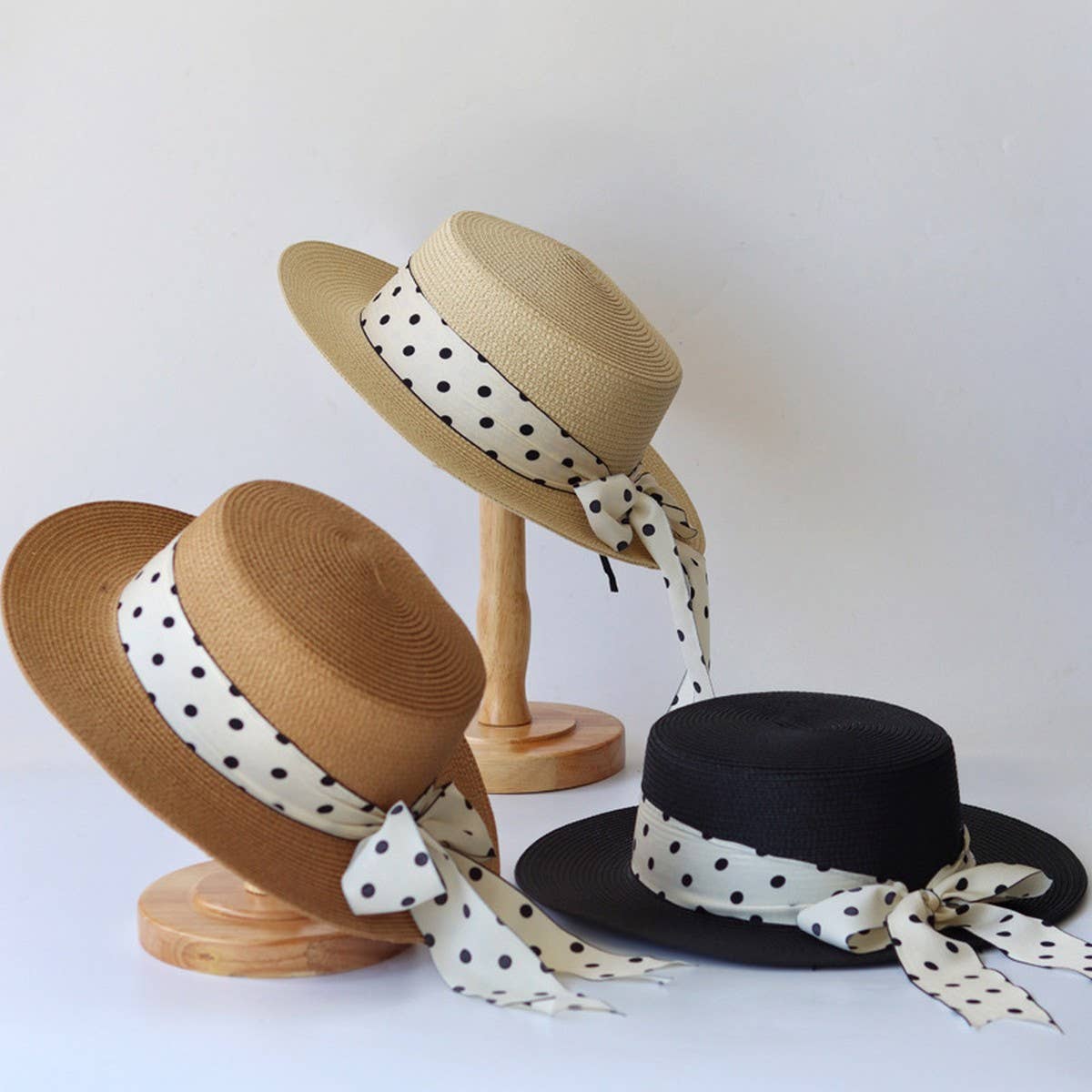 SUMMER POLKA DOT BOW STRAW HAT_CWAH3463