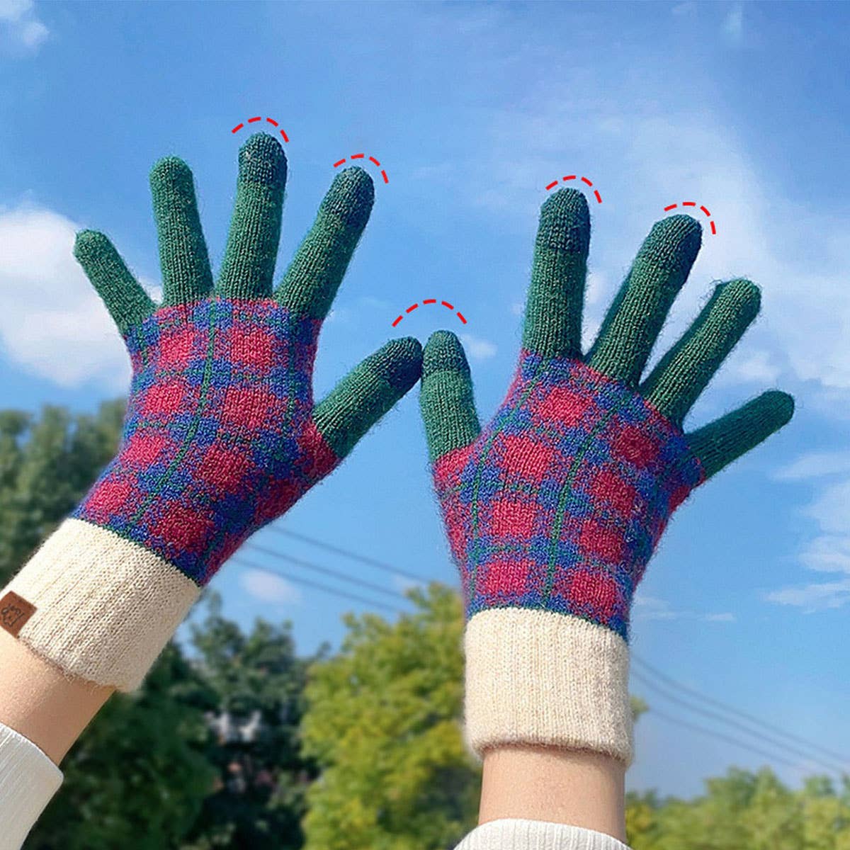 KNITTED FLEECE PLAID TOUCH SCREEN WARM GLOVES_CWAG0371