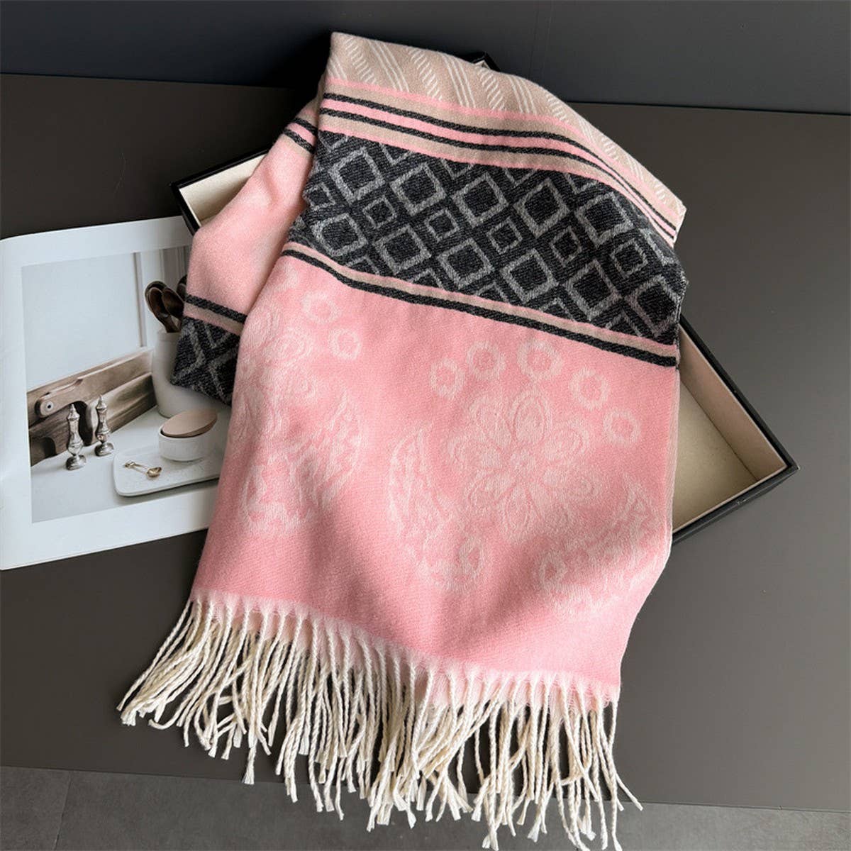 Fresh Floral Winter Tassel Scarf Soft Cashmere_Cwasc03248