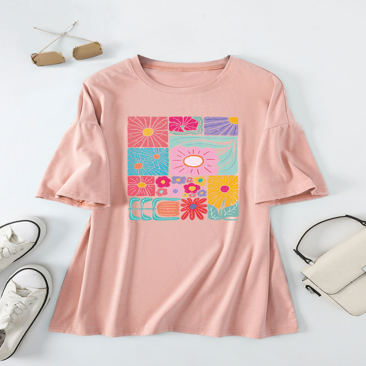 Womens Loose Fit Tee With Colorful Flowers_Cwtts1466