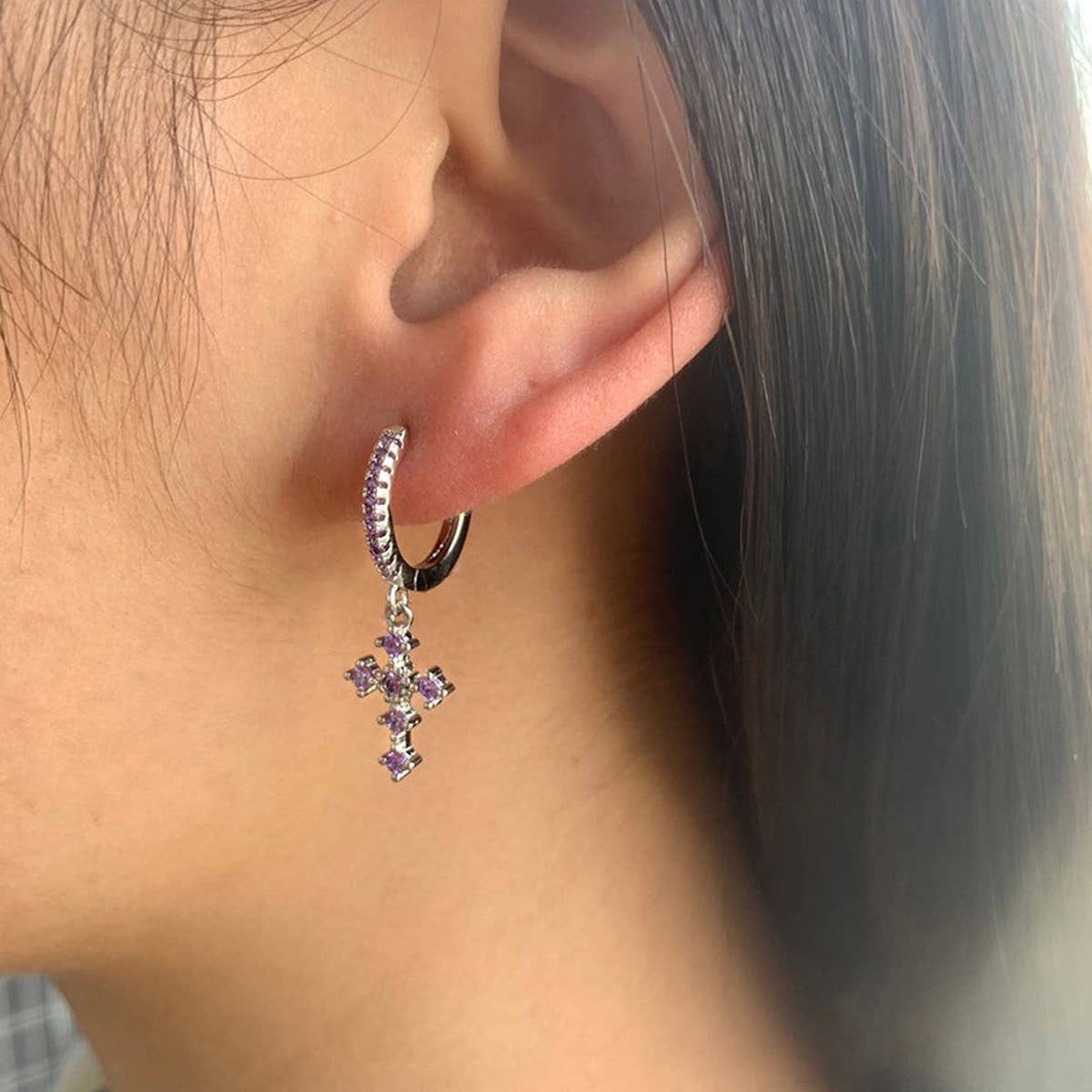 COLORFUL FRENCH CROSS DIAMOND EARRINGS_CWAJE1733