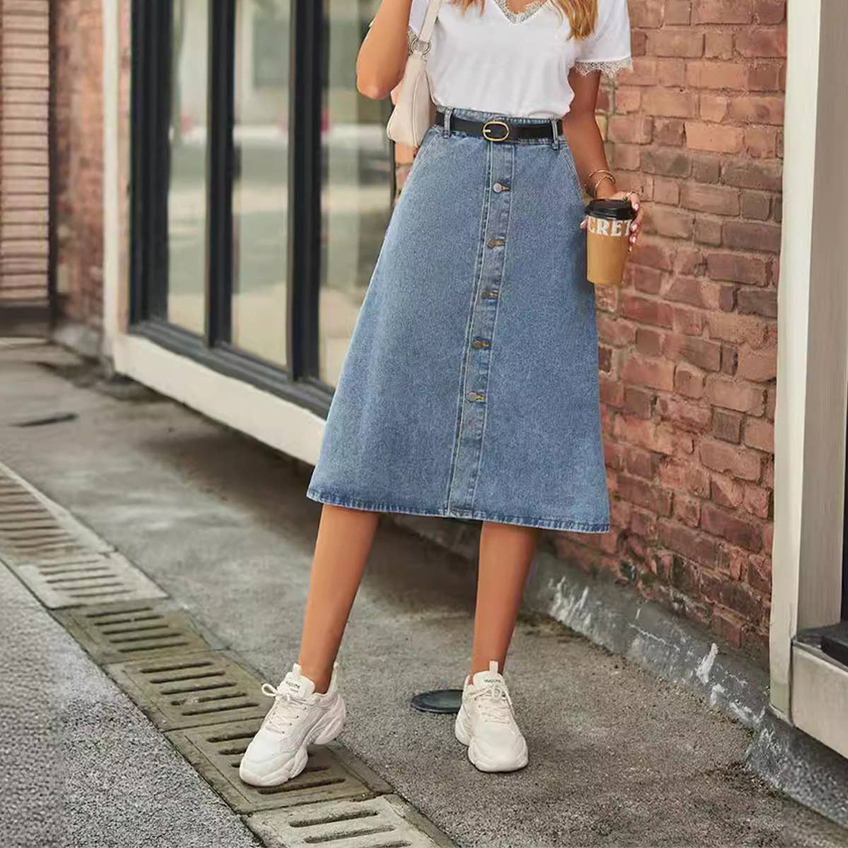 Washed Denim Button Front Skirt For Women Slim_Cwjsk0202