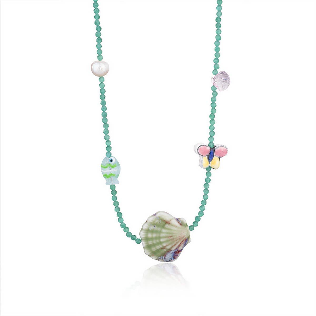 Unique Boho Glass Shell And Crystal Necklace_Cwmm7541