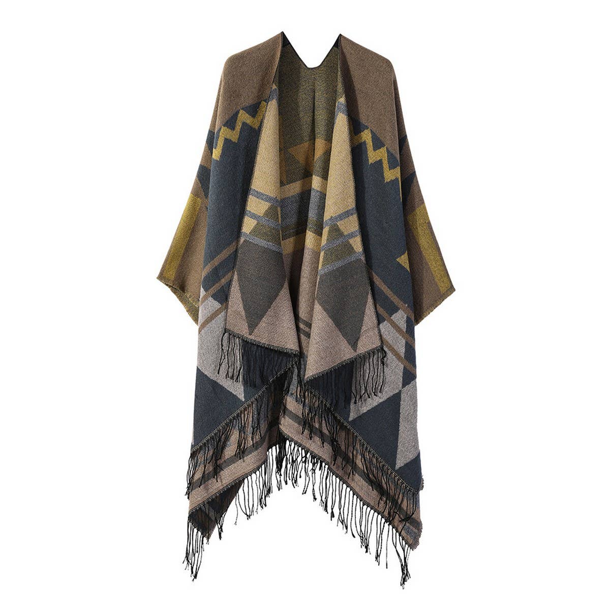 FRINGED GEOMETRIC PATTERN SHAWL SLIT CAPE SCARF_CWASC2213