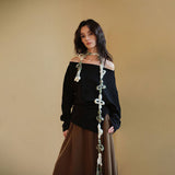 FLORAL KNIT SKINNY SCARF CROCHET NECK WRAP_CWASC2339