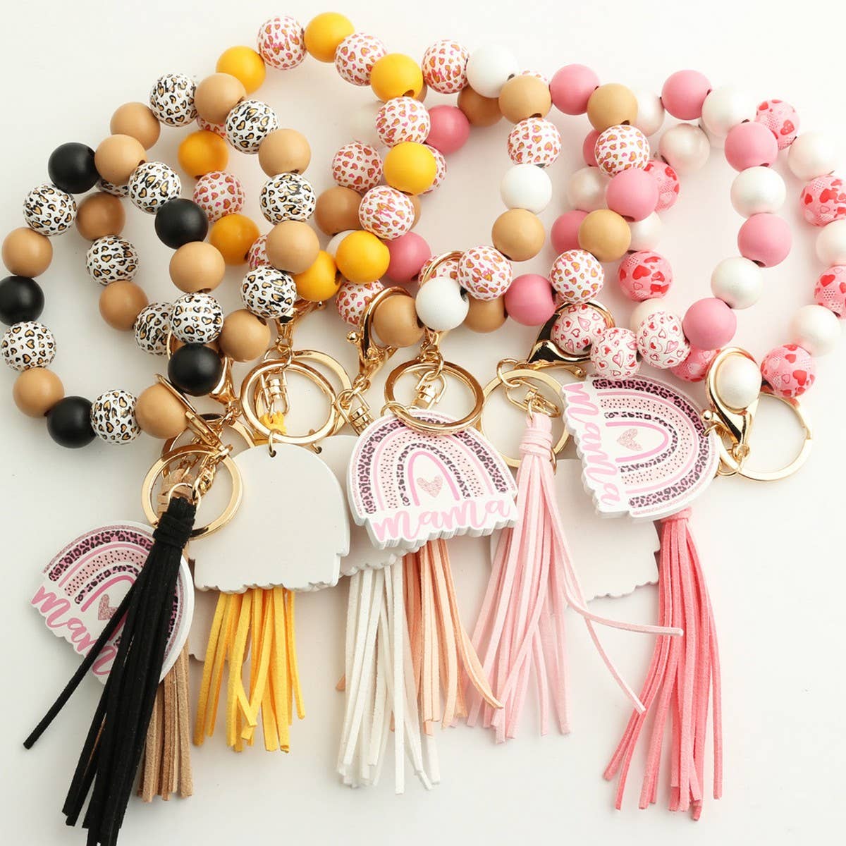 LEOPARD WOOD BEAD BRACELET HEART KEYCHAIN_CWAB5075