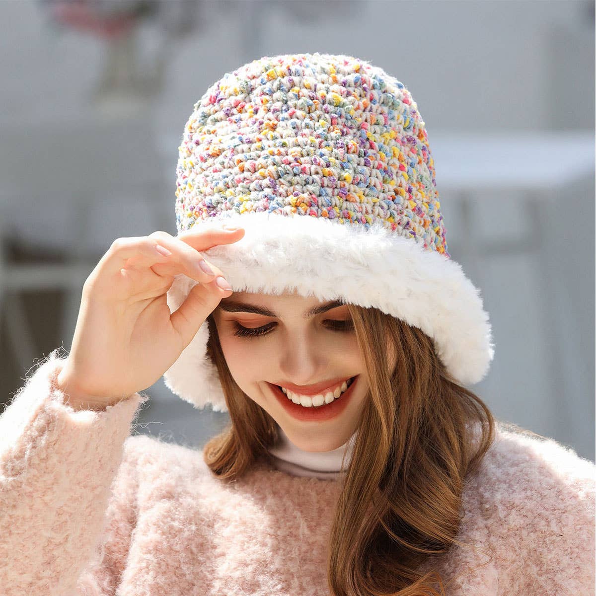 RAINBOW KNIT BEANIE COZY KNITTED BUCKET HAT_CWAH1981