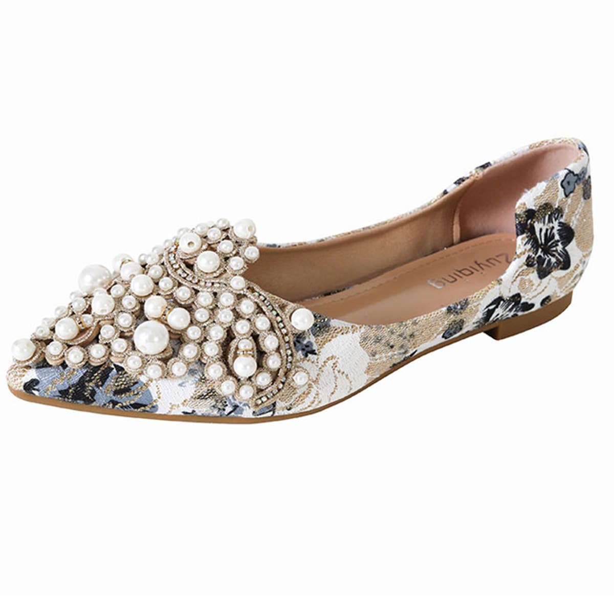 FAUX PEARL FLORAL PRINT DECOR FLAT SHOES FOR WOMAN_CWSHF0008