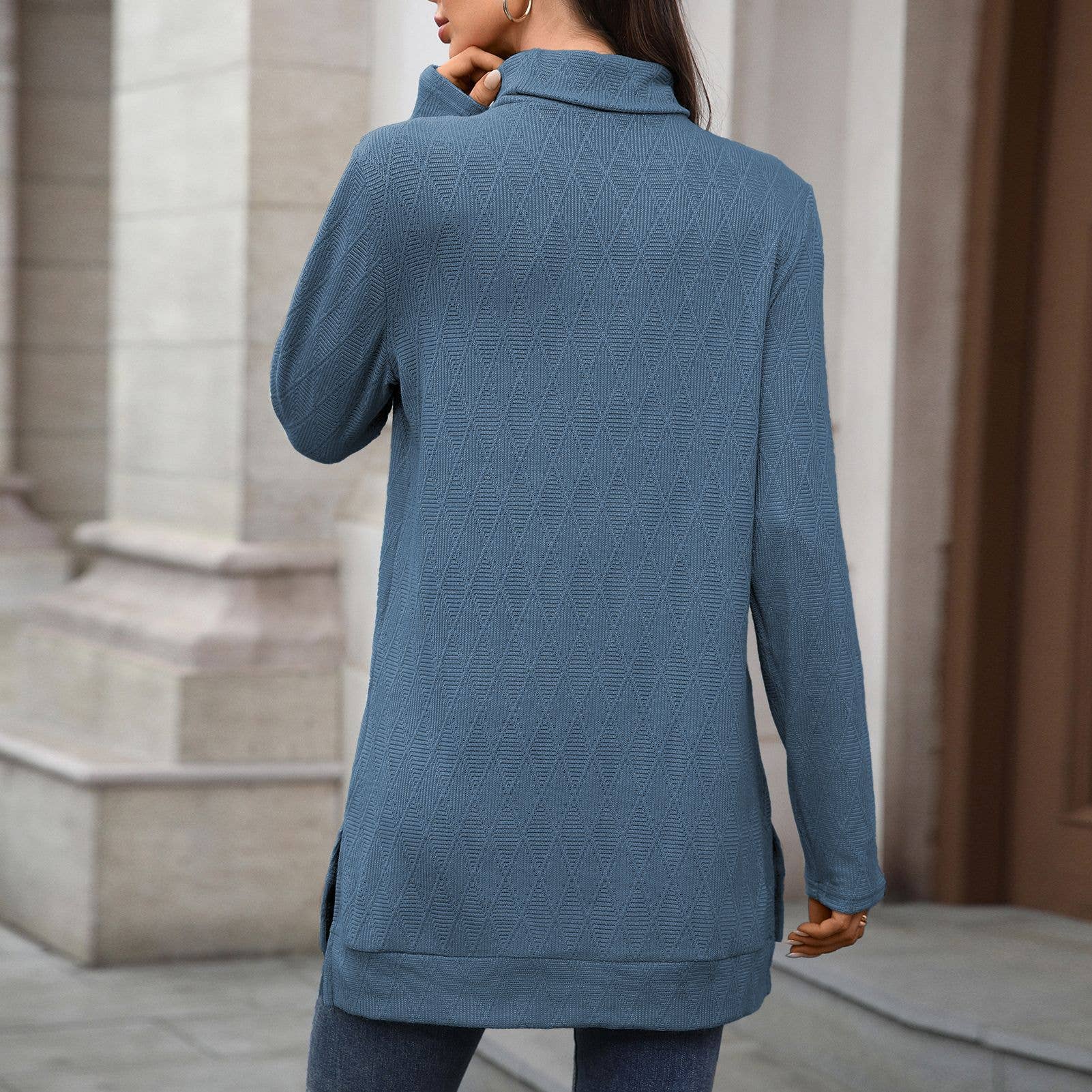 Solid-Color High-Neck Long-Sleeved Slit T-Shirt