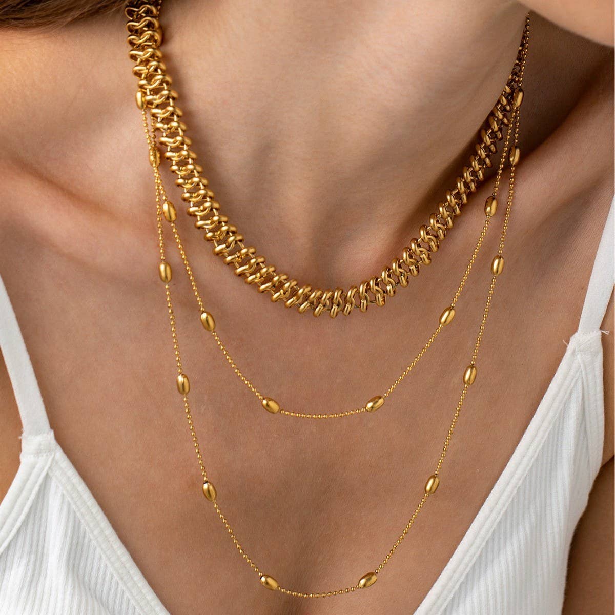 18K GOLD PLATED MULTI LAYER OVAL GOLD BEAD NECKLACE_CWMM3633