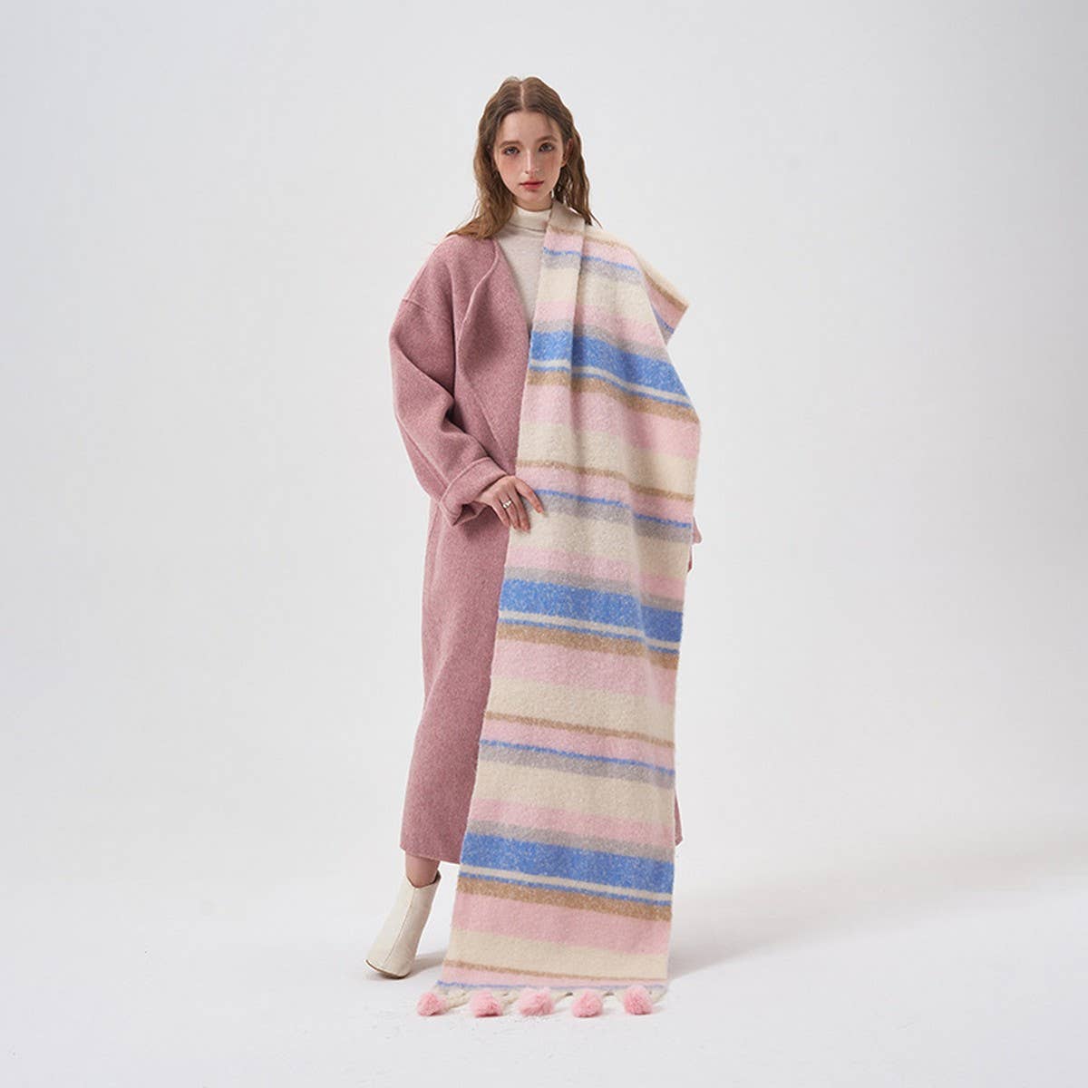 COZY COLORBLOCK STRIPE POM POM SCARF FOR WINTER_CWASC2341