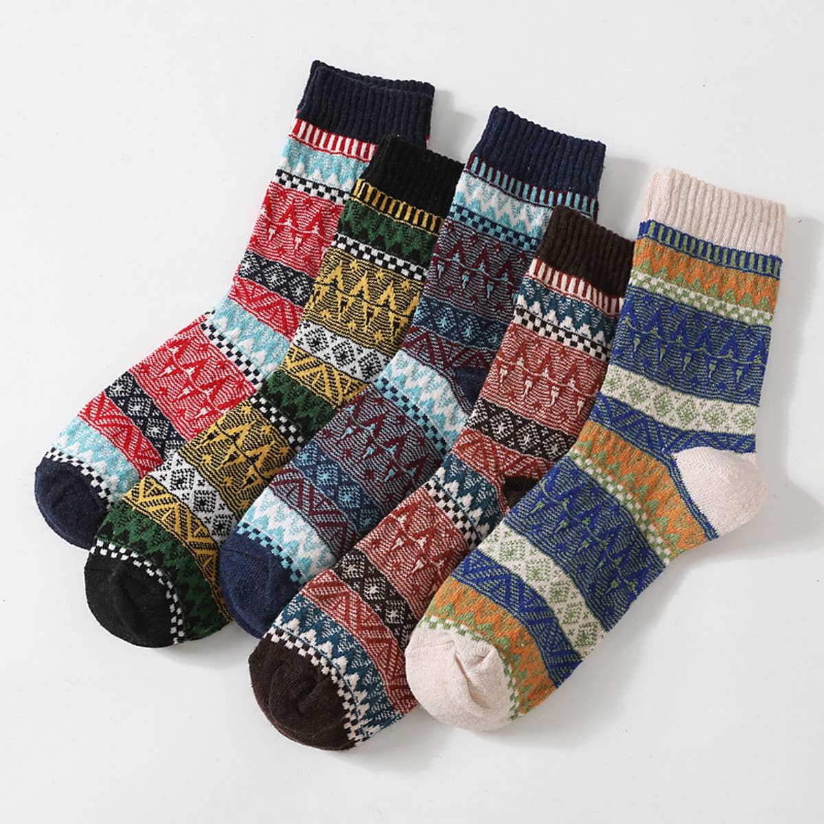 5 PAIRS OF ETHNIC STYLE SMALL DIAMOND WOOL SOCKS_CWMS0677