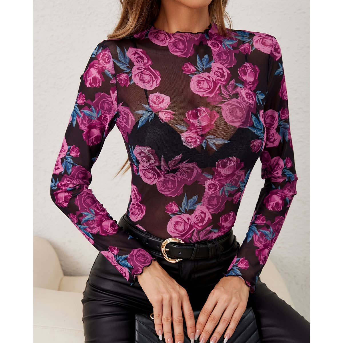 FLORAL PRINT MESH LONG SLEEVE MOCK NECK TOP_CWTBLL3427
