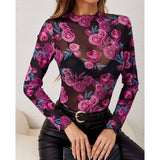 FLORAL PRINT MESH LONG SLEEVE MOCK NECK TOP_CWTBLL3427