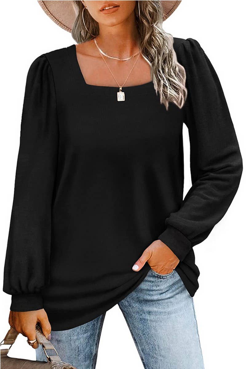 Women Casual Puff Sleeve Square Neck Blouse_Cwtbll0573