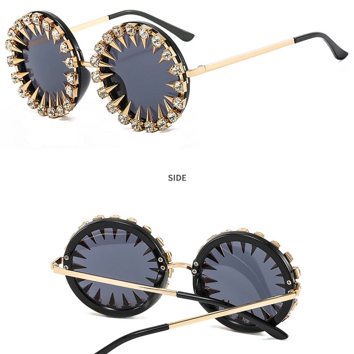 RETRO ROUND FRAME RHINESTONE METAL RIVET GLASSES_CWASG0783