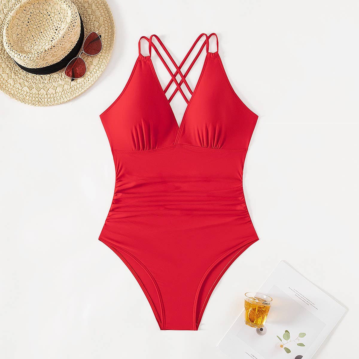 SEXY PLEATED BACK HOLLOW SLIM ONE PIECE SWIMSUIT_CWMW0614