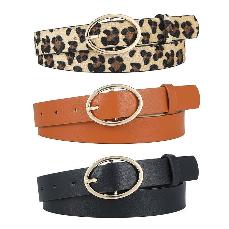 Leopard Print Pu Leather Belt With Round Buckle