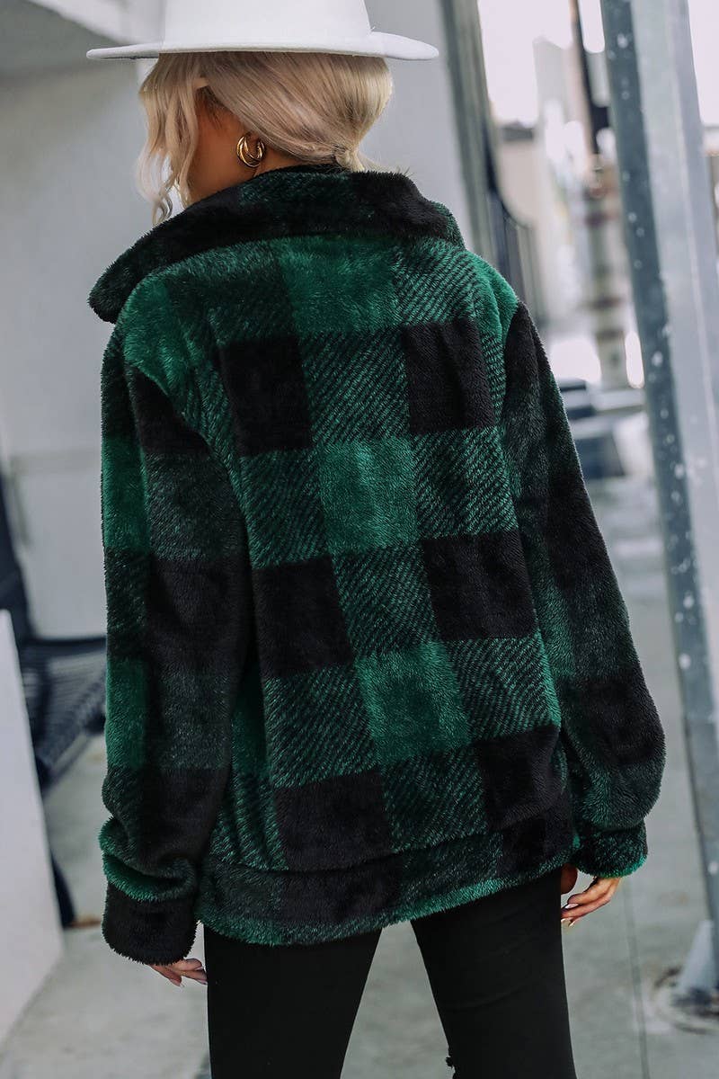Women Loose Fit Oversized Plaid Fleece Jacket_Cwoja0634