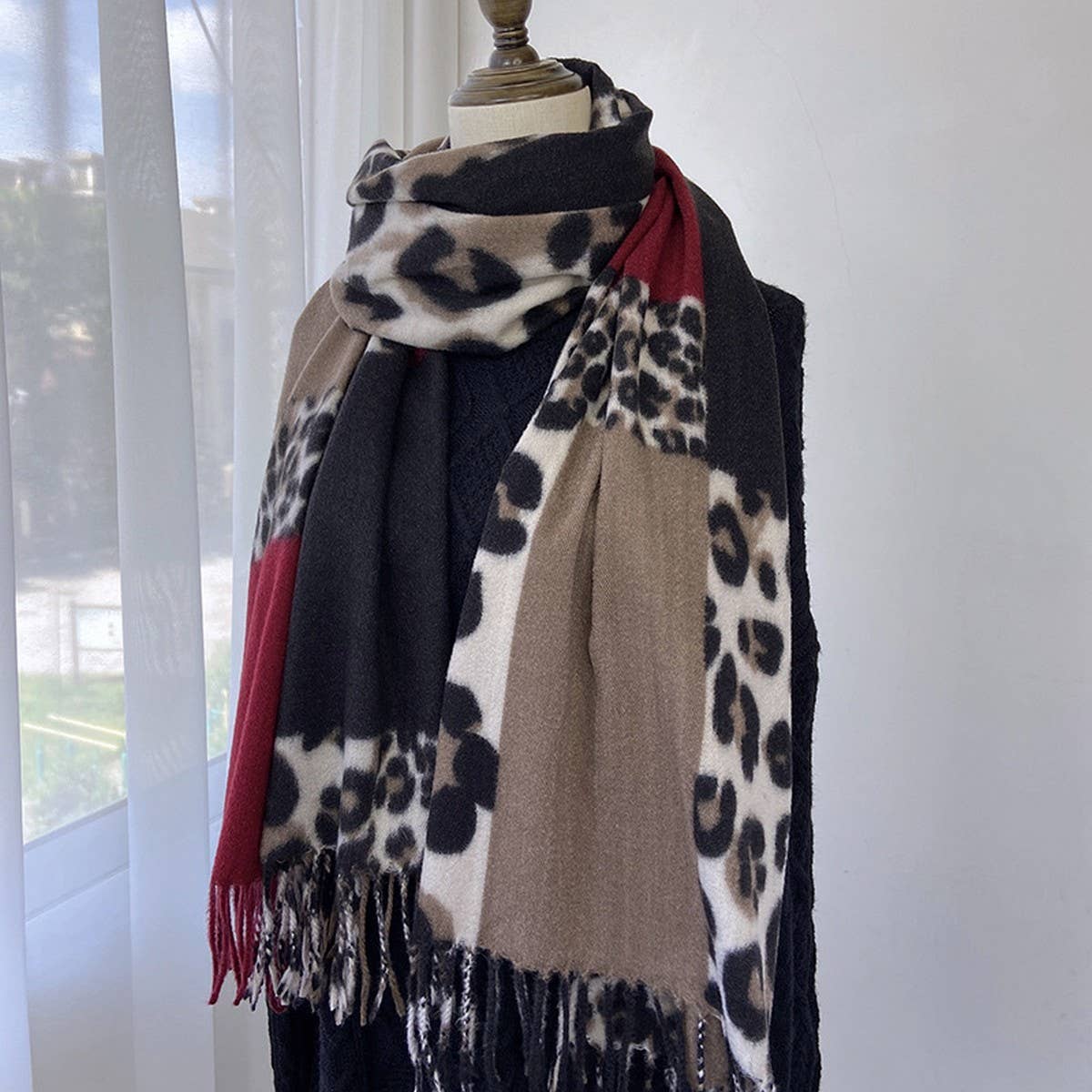 LEOPARD COLORBLOCK SCARF WARM TASSEL WINTER WRAP_CWASC1458