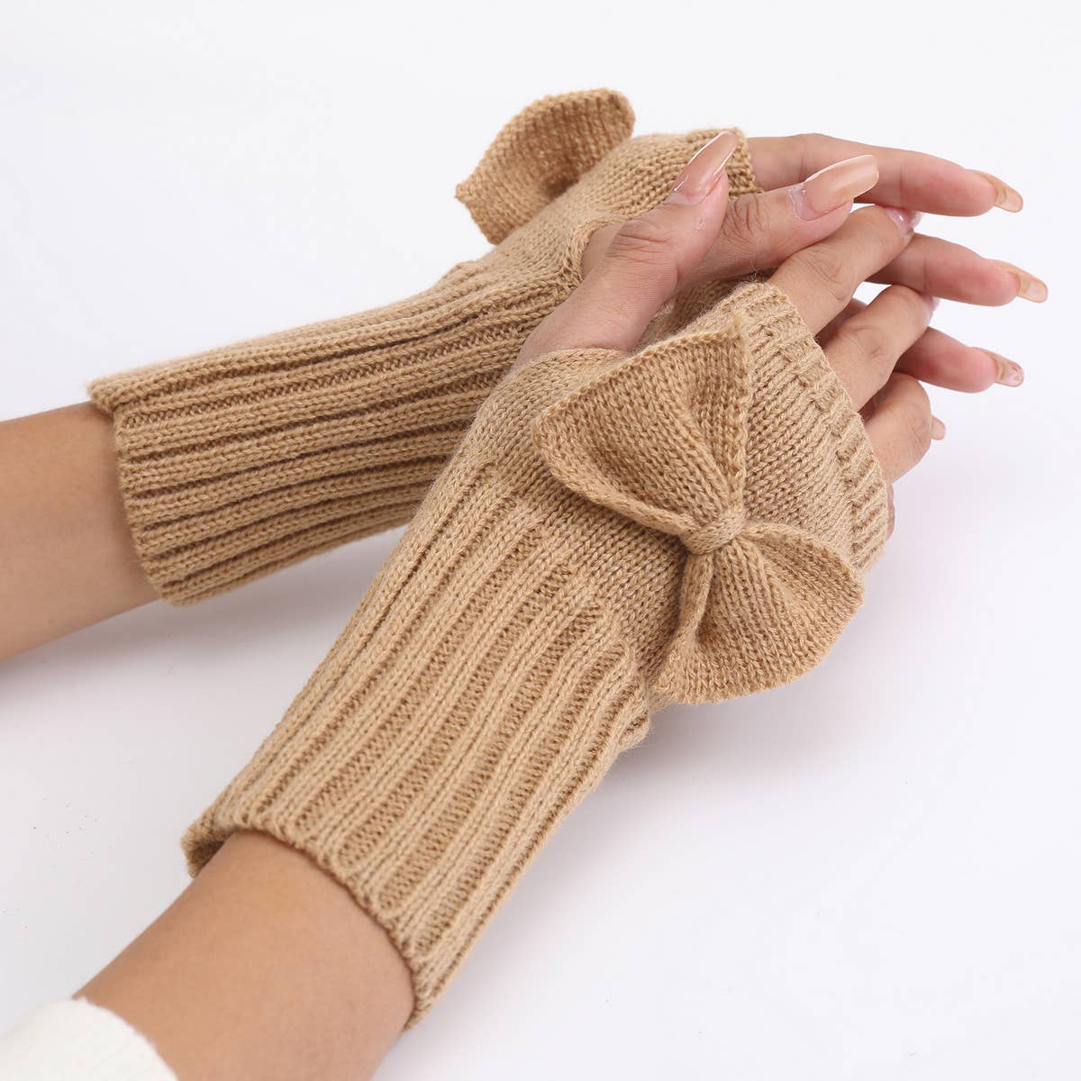 Bow Knitted Thermal Fingerless Sleeves_Cwag0110