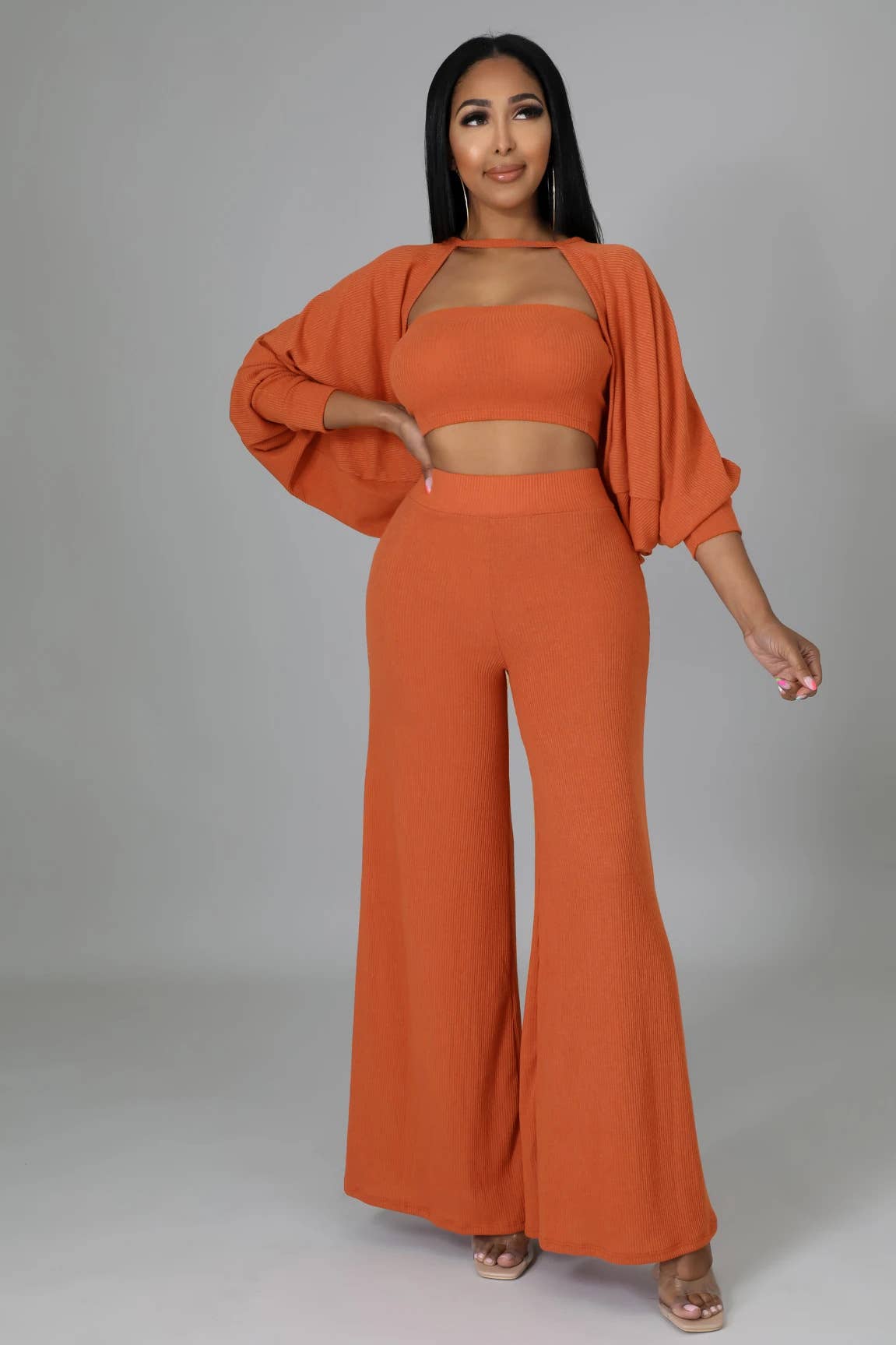 Solid Color Coat Cape Trousers Three-Piece Set