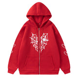 Spider Web Heart Zipper Fleece Hooded Cardigan