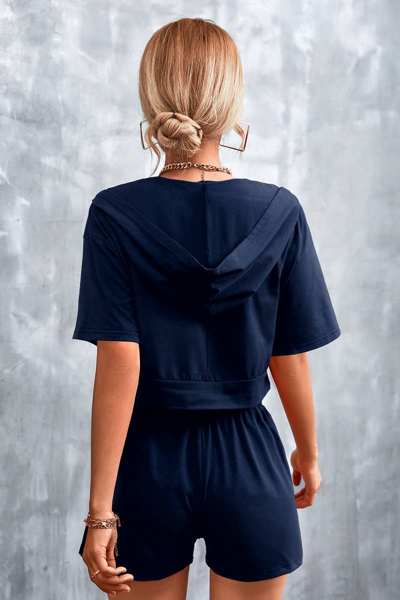 Solid Color Hooded Zipper Shorts Casual Suit_Cwstb0437