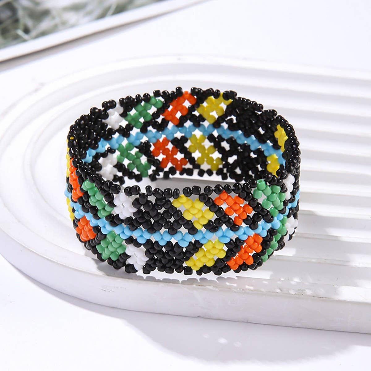 ETHNIC RICE BEAD WOVEN COLORFUL WIDE BRACELET_CWMM3528