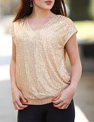 Womens Sequin V-Neck Fitted Raglan Sleeve Top