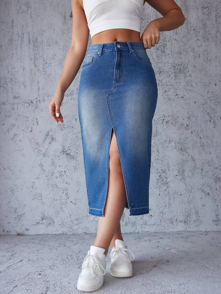 Split Hip Wrap A-Line Skirt Trend Blue Skirt