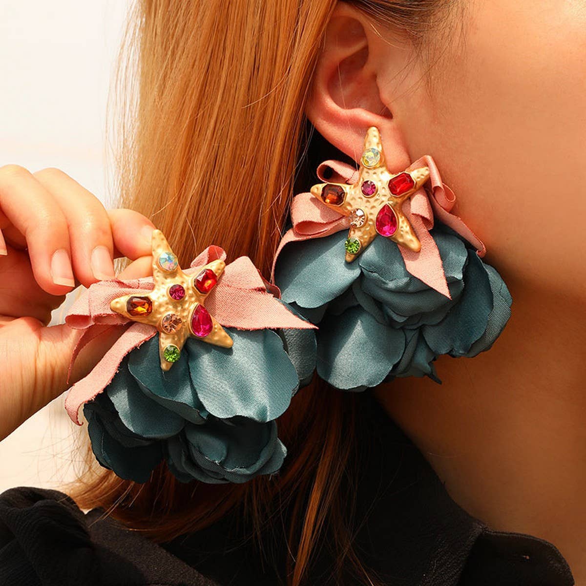 HANDMADE STARFISH FLORAL RHINESTONE EARRINGS_CWMM6177