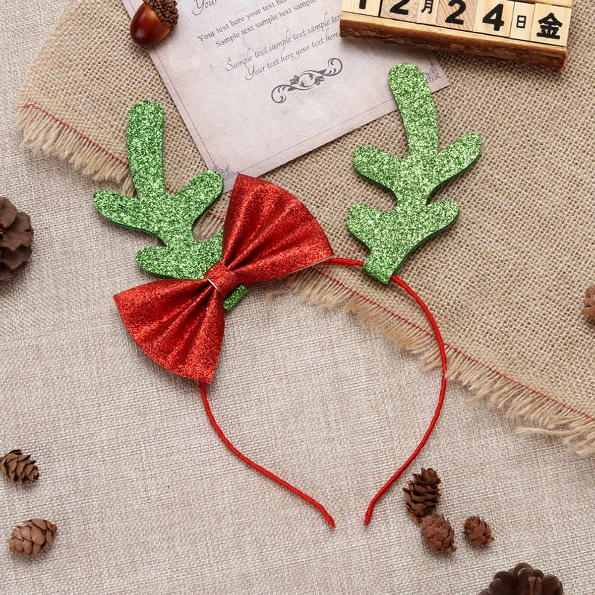 CHRISTMAS BOW BIG ANTLERS DRESSUP HEADBAND HAIRPIN_CWAHA3424