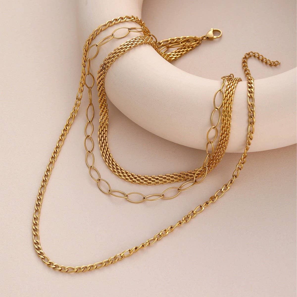 GOLD PLATED 18K MULTI LAYER FLAT CHAIN NECKLACE_CWMM3632