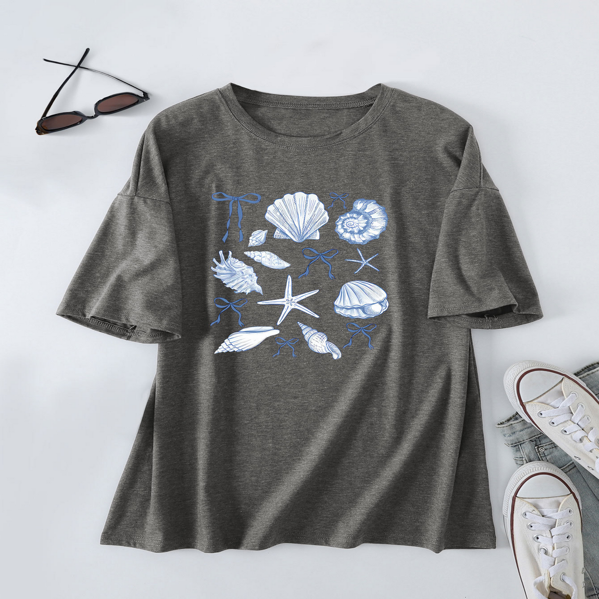 CUTE BOW PRINT T SHIRT FOR WOMEN SHELL NECKLINE_CWTTS1465