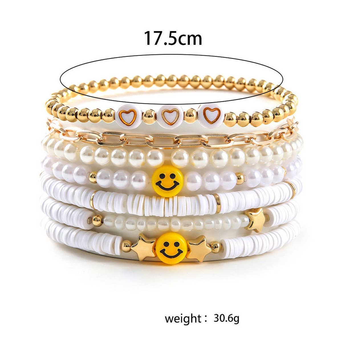 White Polymer Clay Star Smiley Face Bracelet Set_Cwmm3540