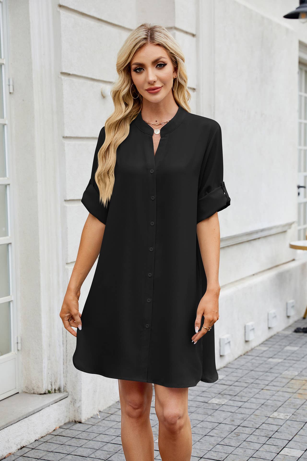 Solid Color Mid-Sleeve Button-Down Shirt Dress