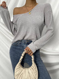 V-Neck Hollow Solid Color Knitted Long Sleeve Top