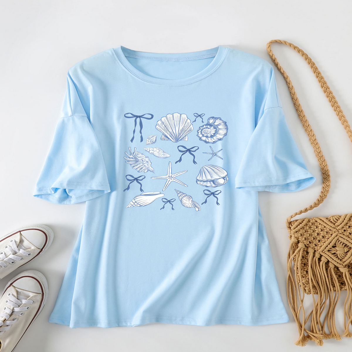 CUTE BOW PRINT T SHIRT FOR WOMEN SHELL NECKLINE_CWTTS1465