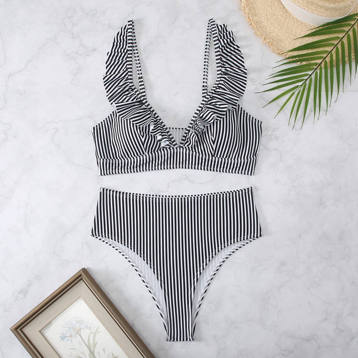 HIGH WAISTED V NECK RUFFLED BIKINI SWIMSUIT_CWMW0200