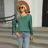 Solid Color U-Neck Pleated Long Sleeve Top