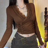 Vintage Wood Ear Trim V-Neck Long Sleeve T-Shirt