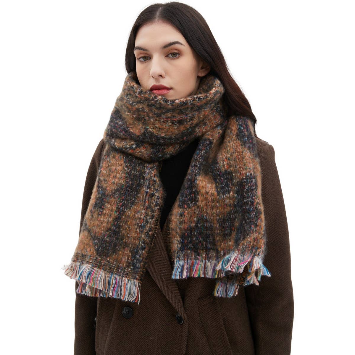 LEOPARD JACQUARD SCARF FRINGE WINTER WRAP_CWASC0872